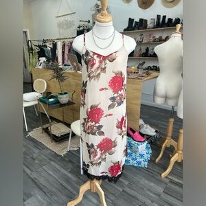 Floral Slip Dress Midi Length Cream W/ Red Roses Lace Hem NWT Size Small New